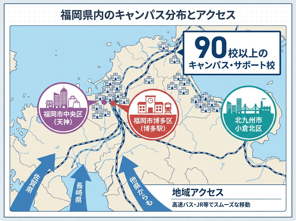 福岡県内の通信制高校キャンパス分布とアクセスを示す地図型インフォグラフィック。福岡県と北部九州エリアの簡略化された地図に、3つの主要キャンパスエリアを表示。福岡市博多区(博多駅)を赤色の円で中央に、福岡市中央区(天神)を紫色の円で、北九州市小倉北区を青緑色の円で右側に配置。各ターミナル駅周辺に学校建物アイコンが密集して配置され、高い集中度を示す。90校以上のキャンパス・サポート校があることを統計ボックスで大きく強調。佐賀県と長崎県から福岡へ向かう矢印を表示し、他県からも通学可能であることを県間の電車・バスアイコンで示す。凡例に主要ターミナル駅、キャンパス集中エリア、鉄道路線、他県からのアクセスを記載