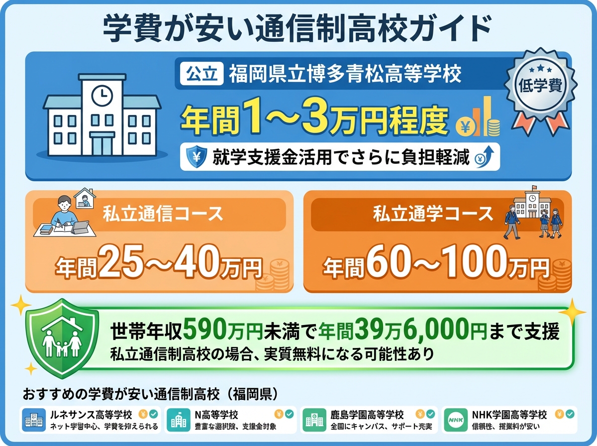 福岡県の学費が安い通信制高校ガイドを示すインフォグラフィック。青色テーマで構成。上部に公立の福岡県立博多青松高等学校を目立つ青色のボックスで表示、年間1〜3万円程度という大きなテキストと円記号、星付きの低コストバッジアイコンを配置。就学支援金活用でさらに負担軽減できることを盾アイコンで示す