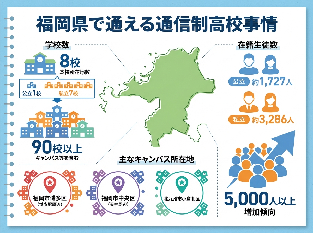 福岡県で通える通信制高校事情を示すインフォグラフィック。福岡県の地図を中心に、本校を置く通信制高校が8校(公立1校、私立7校)あり、広域通信制高校のキャンパスやサポート校を含めると90校以上が県内で通えることを図示。在籍生徒数は公立約1,727人、私立約3,286人で合計5,000人以上。主要キャンパスエリアは福岡市博多区(博多駅周辺)、福岡市中央区(天神周辺)、北九州市小倉北区の3箇所を赤・紫・青緑の円で表示。各エリアに複数の学校建物アイコンが集中して配置されている。佐賀県・長崎県からも通学可能であることを地域連携アイコンと電車アイコンで示す。通信制高校を選ぶ生徒は年々増加していることを上向きのグラフアイコンで強調。フラットデザインで青、オレンジ、赤、紫、青緑を使用したカラースキーム