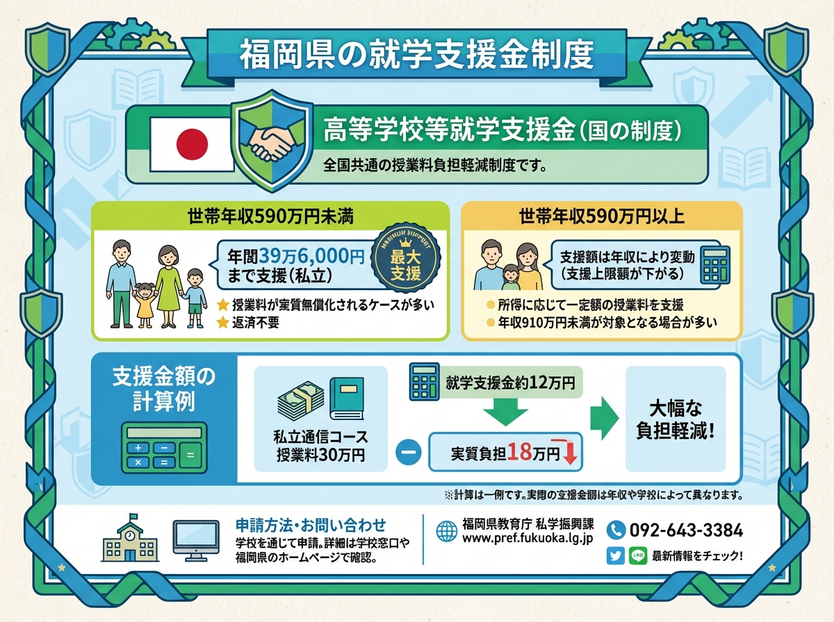 福岡県の就学支援金制度を説明するインフォグラフィック。緑と青のテーマでサポートを強調。上部に国の支援制度として高等学校等就学支援金(国の制度)を日本国旗アイコンと大きな盾アイコンで説明。所得に基づく支援段階をカラーボックスで表示。第1段階(明るい緑色):世帯年収590万円未満は幸せな家族アイコン、大きなテキストで年間39万6,000円まで支援(私立)と最大支援バッジ、サブテキストで授業料が実質無償化されるケースが多いと星の強調アイコンで表示