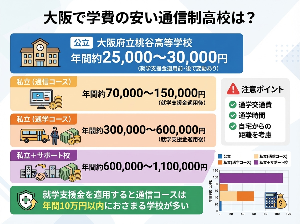 大阪府の通信制高校の学費を比較したインフォグラフィック。公立の大阪府立桃谷高等学校は年間約25,000〜30,000円。私立の通信コースは就学支援金適用後で年間約70,000〜150,000円、通学コースは年間約300,000〜600,000円。サポート校併用の場合は年間約600,000〜1,100,000円。就学支援金適用により通信コースは年間10万円以内に抑えられる学校が多いことを強調。通学交通費や自宅からの距離を考慮する注意ポイントも記載。フラットデザインで費用を視覚的に比較