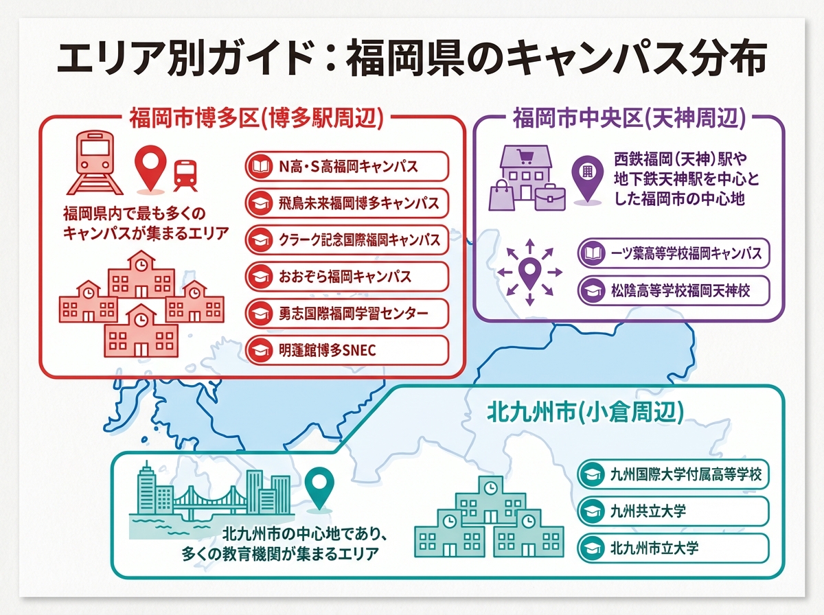福岡県の通信制高校エリア別キャンパス分布を示す地図型インフォグラフィック。福岡県の簡略化された地図に3つの主要キャンパスエリアを色分けして表示。左上(赤色テーマ):福岡市博多区(博多駅周辺)は福岡県内で最も多くのキャンパスが集まるエリアと説明し、学校建物アイコンの集合で表現。赤色のボックスに学校名を列挙:N高・S高福岡キャンパス、飛鳥未来福岡博多キャンパス、クラーク記念国際福岡キャンパス、おおぞら福岡キャンパス、勇志国際福岡学習センター、明蓬館博多SNEC。右上(紫色テーマ):福岡市中央区(天神周辺)は西鉄福岡(天神)駅や地下鉄天神駅を中心とした福岡市の中心地と説明