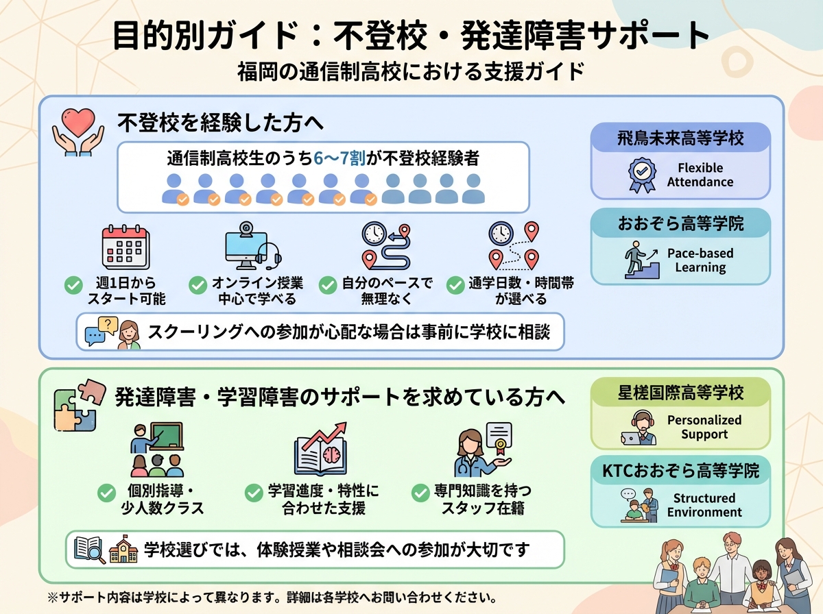 福岡県の通信制高校目的別ガイド(不登校・発達障害サポート)を示すインフォグラフィック。2つの主要サポートセクションで構成。上部(ソフト青色テーマ):不登校を経験した方へとして、ハートと支援の手のアイコンを表示。統計ボックスで通信制高校生の6〜7割が不登校経験者であることを人物アイコンで示す。主なサポート特徴をチェックマーク付きで列挙:週1日からスタート可能、オンライン授業中心で学べる、自分のペースで無理なく、通学日数・時間帯が選べる