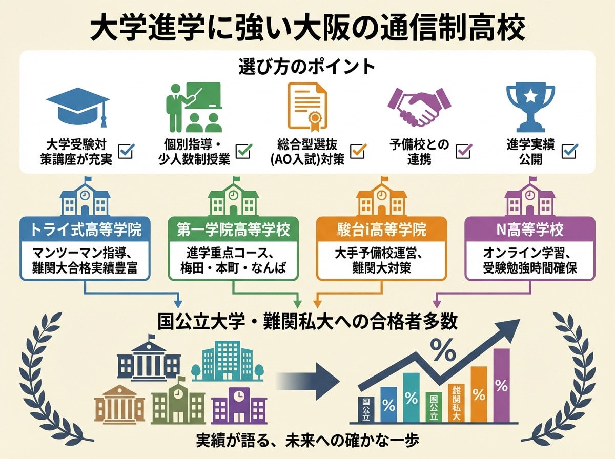 大阪府で大学進学に強い通信制高校を紹介するインフォグラフィック。学校選びのポイントとして、大学受験対策講座の充実、個別指導・少人数制授業、総合型選抜(AO入試)対策、予備校との連携、進学実績公開の5項目をチェックリストで表示。おすすめの4校として、トライ式高等学院(マンツーマン指導、難関大合格実績豊富)、第一学院高等学校(進学重点コース、梅田・本町・なんば)、駿台i高等学院(大手予備校運営、難関大対策)、N高等学校(オンライン学習、受験勉強時間確保)を色分けして紹介。国公立大学・難関私大への合格者多数という実績を強調。フラットデザインで青、緑、オレンジ、紫を使用したアカデミックなカラースキーム
