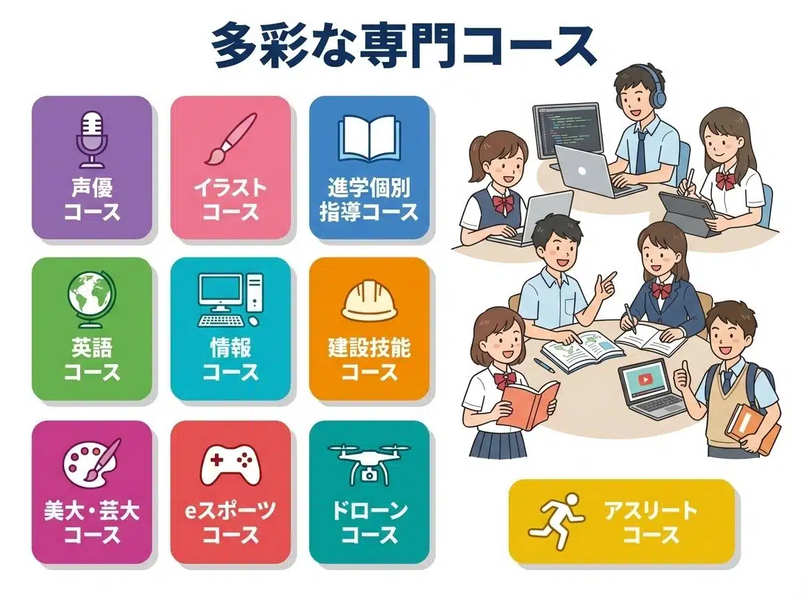 精華学園高等学校の多彩な専門コース一覧 声優 イラスト eスポーツ 進学 英語 情報 建設 美大 ドローン アスリート 勉強する学生イラスト