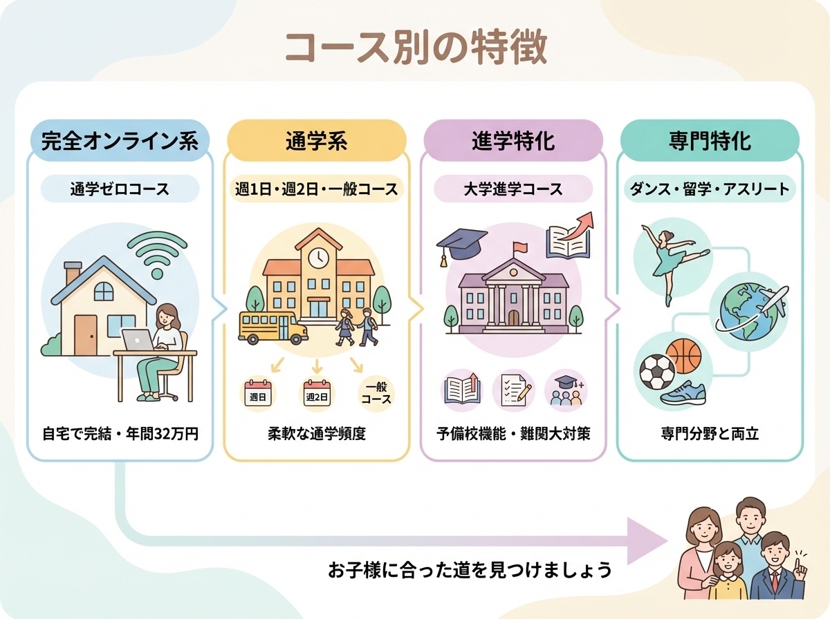 オンライン系、通学系、進学特化、専門特化の4カテゴリーで分類したコース特徴