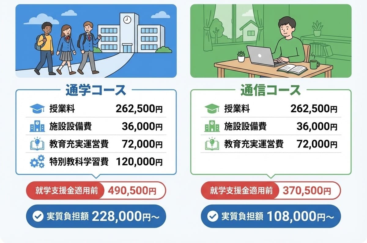 精華学園高等学校の学費内訳比較 通学コースと通信コースの違い イラストで分かりやすく解説 実質負担額108,000円から
