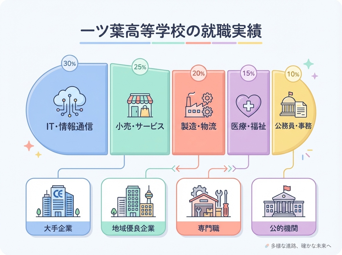  IT、小売、製造、医療、公務員など多様な業界への就職実績を円グラフで表示