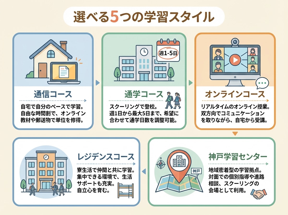 AIE国際高等学校の5つの学習スタイル(通信コース、通学コース、オンラインコース、レジデンスコース、神戸学習センター)を示すインフォグラフィック
