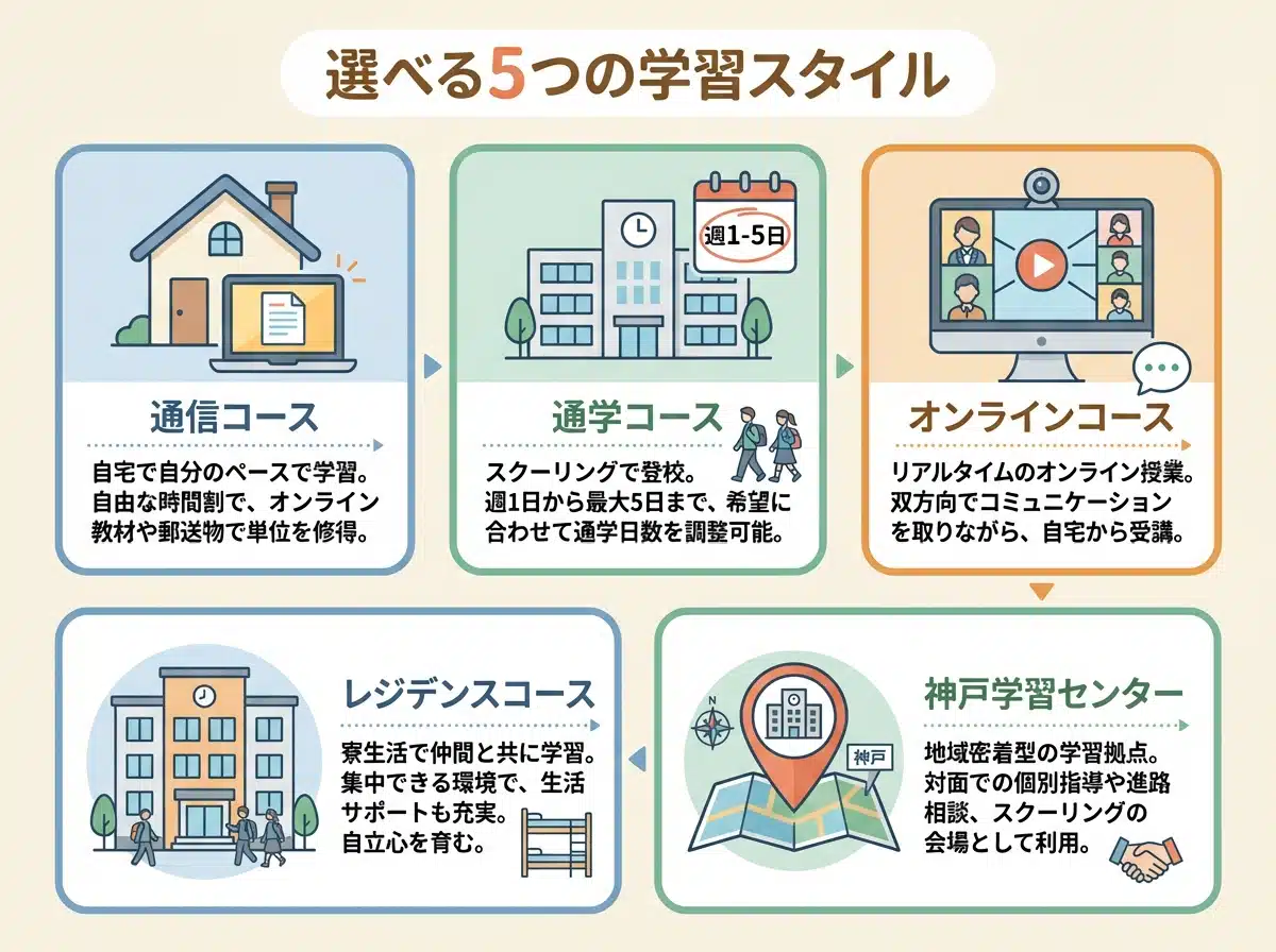 AIE国際高等学校の5つの学習スタイル(通信コース、通学コース、オンラインコース、レジデンスコース、神戸学習センター)を示すインフォグラフィック
