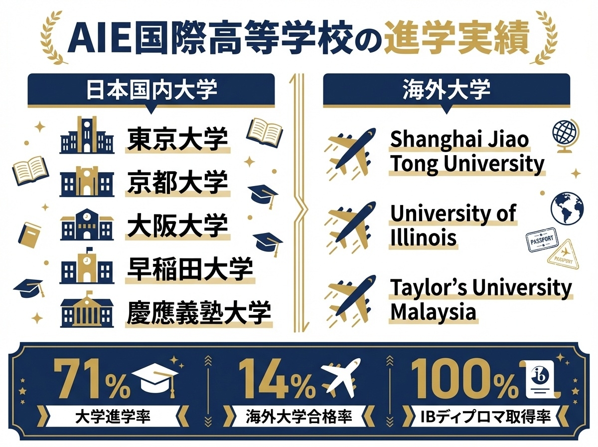 AIE国際高等学校の進学実績インフォグラフィック（東京大学・京都大学など国内難関大学、海外大学合格実績、大学進学率71%、IBディプロマ取得率100%）
