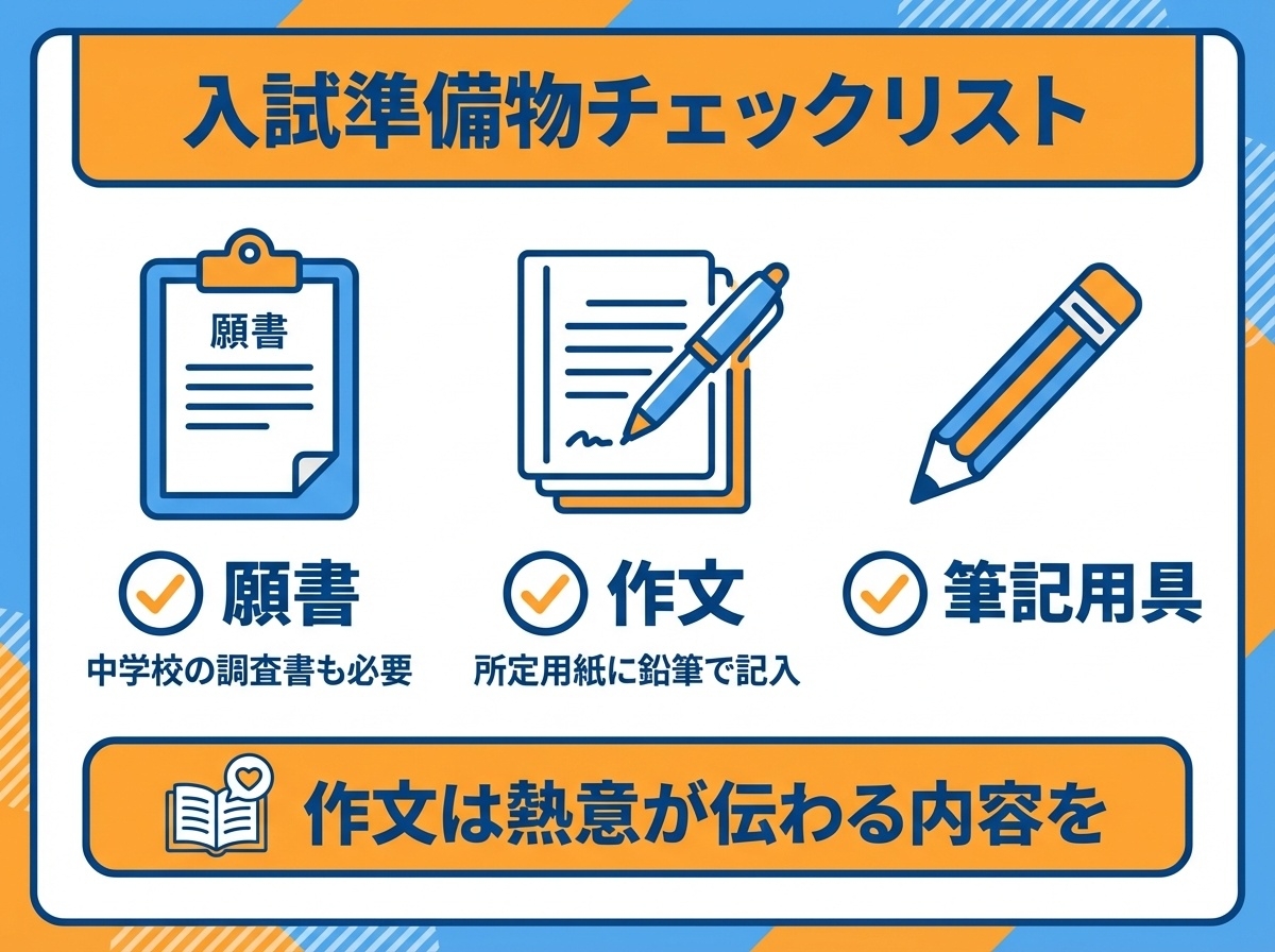 AIE国際高等学校入試に必要な準備物チェックリスト（願書・中学校の調査書、作文、筆記用具）
