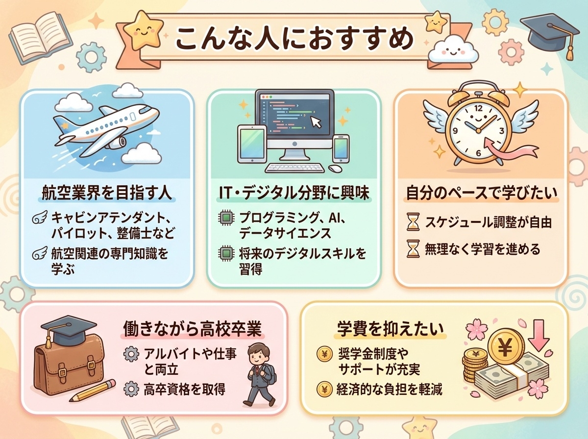 日本航空高等学校がおすすめな人 航空業界志望・IT分野に興味・自分のペースで学習・働きながら卒業・学費を抑えたい