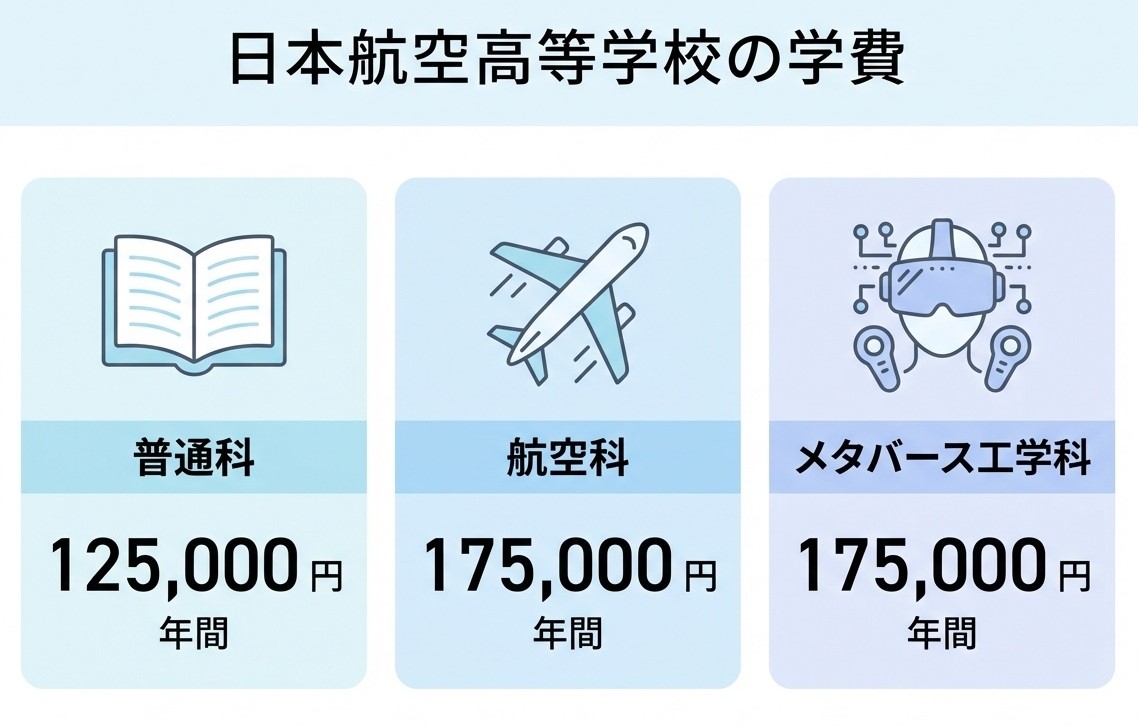 日本航空高等学校の3つの学科比較 普通科(定員5400名)航空科(定員100名・就職率100%)メタバース工学科(定員500名・2024年4月開設)