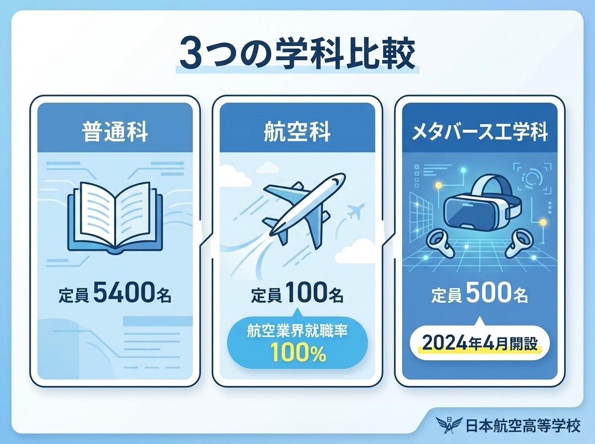 日本航空高等学校の3つの学科比較 普通科(定員5400名)航空科(定員100名・就職率100%)メタバース工学科(定員500名・2024年4月開設)