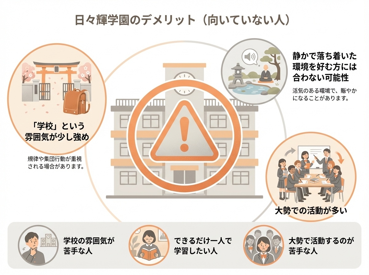 日々輝学園高等学校の注意点:学校の雰囲気が強め、大勢での活動が多い、静かな環境を好む人には不向き