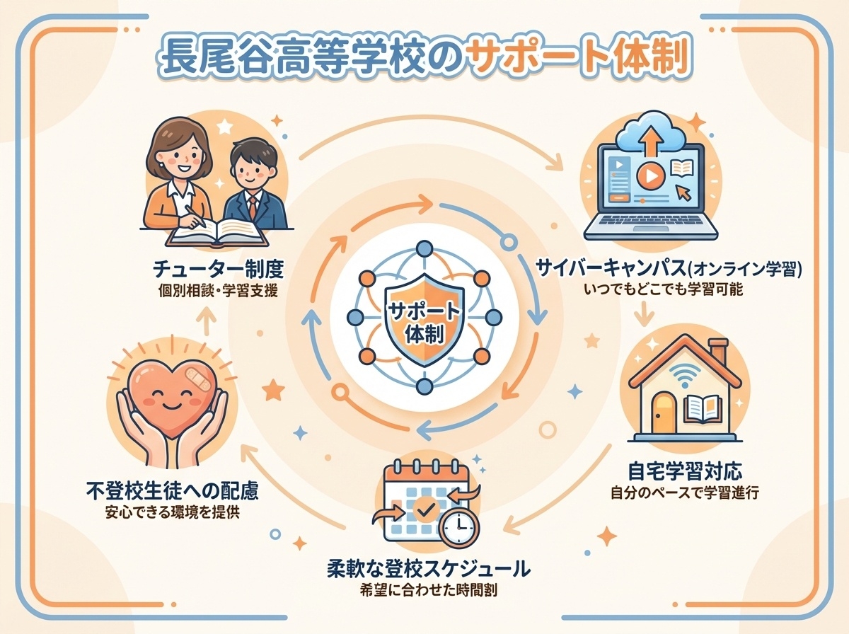 長尾谷高等学校のサポート体制(チューター制度、サイバーキャンパス、自宅学習対応、柔軟な登校スケジュール、不登校生徒への配慮)