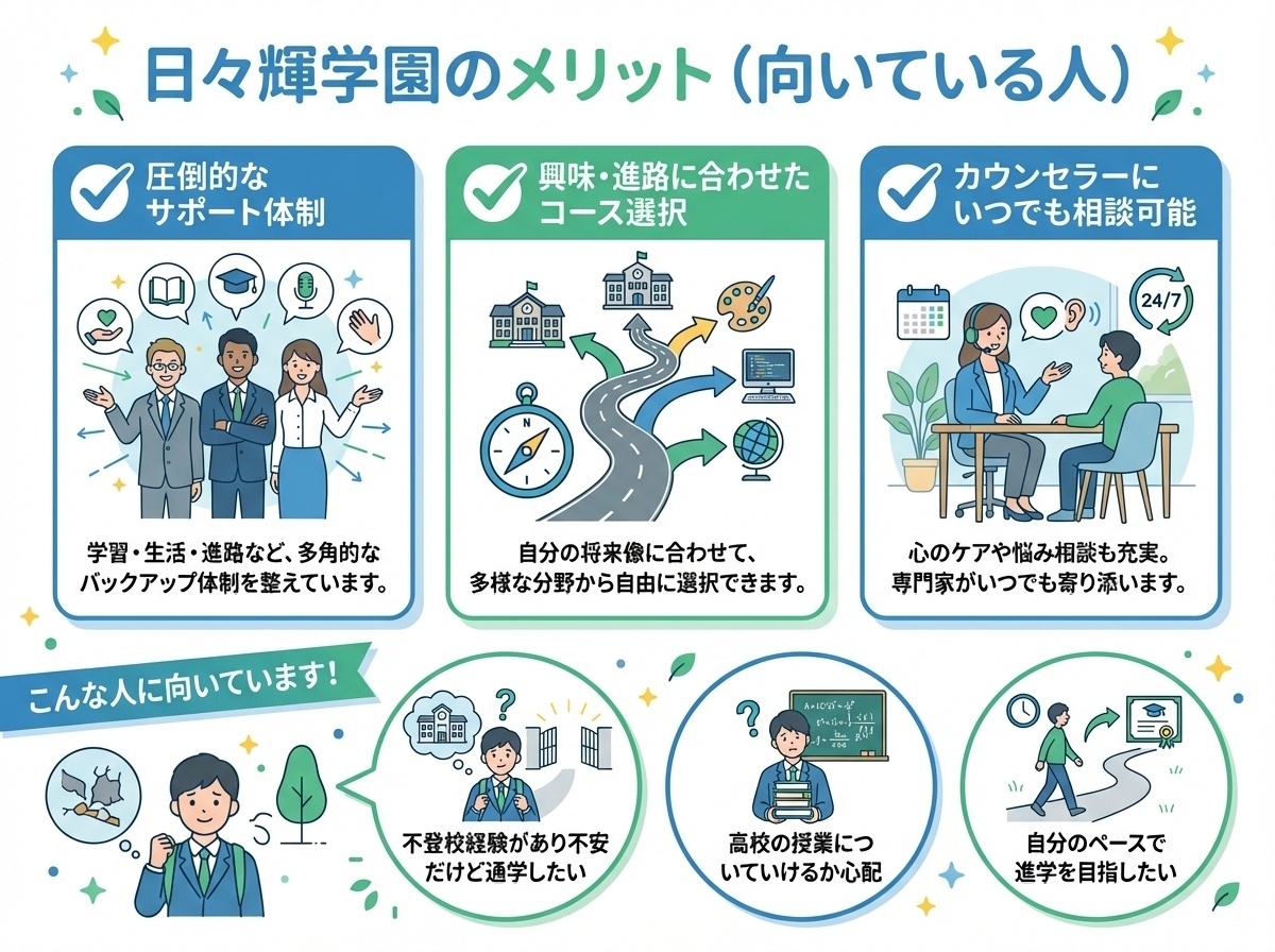 日々輝学園高等学校のメリット:不登校経験者も安心、自分のペースで進学可能、充実したサポート体制