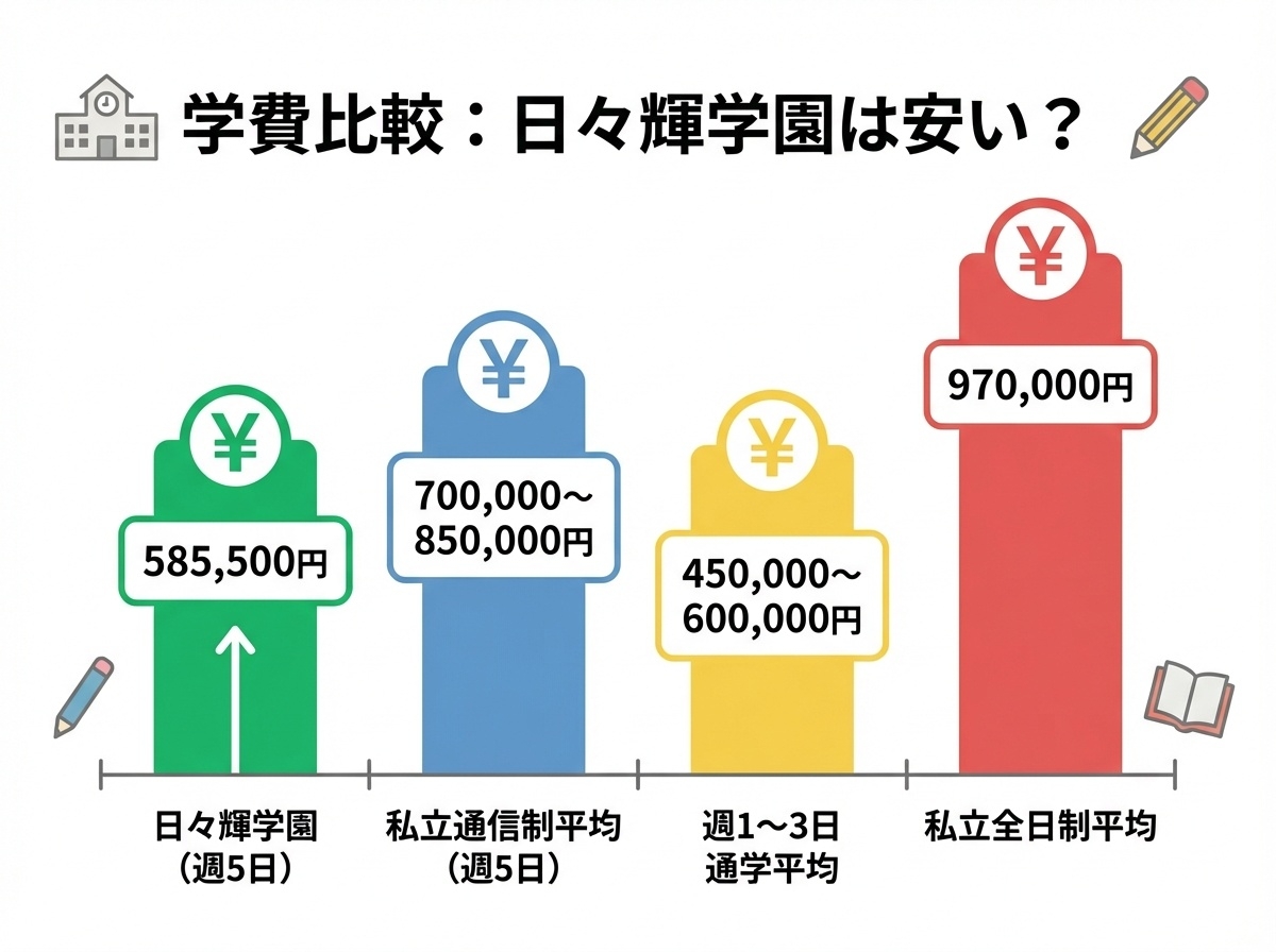 日々輝学園の学費585,500円は私立通信制高校週5日平均70~85万円より安い学費比較グラフ