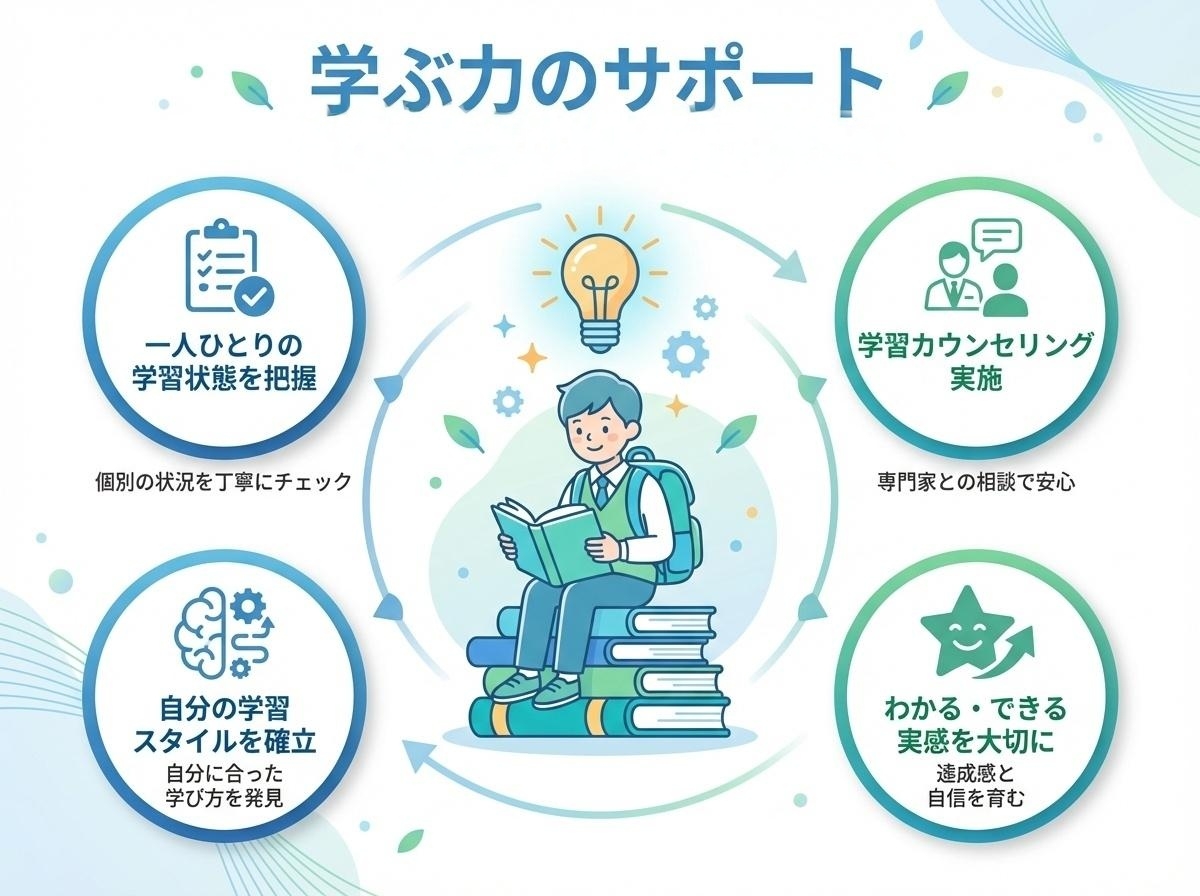 日々輝学園の学習サポート:個別指導、学習カウンセリング、一人ひとりの学習状態把握、わかる・できる実感を重視