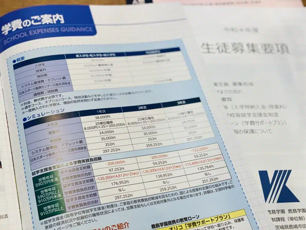鹿島学園高等学校の学費一覧が書かれたページ（公式パンフレット）