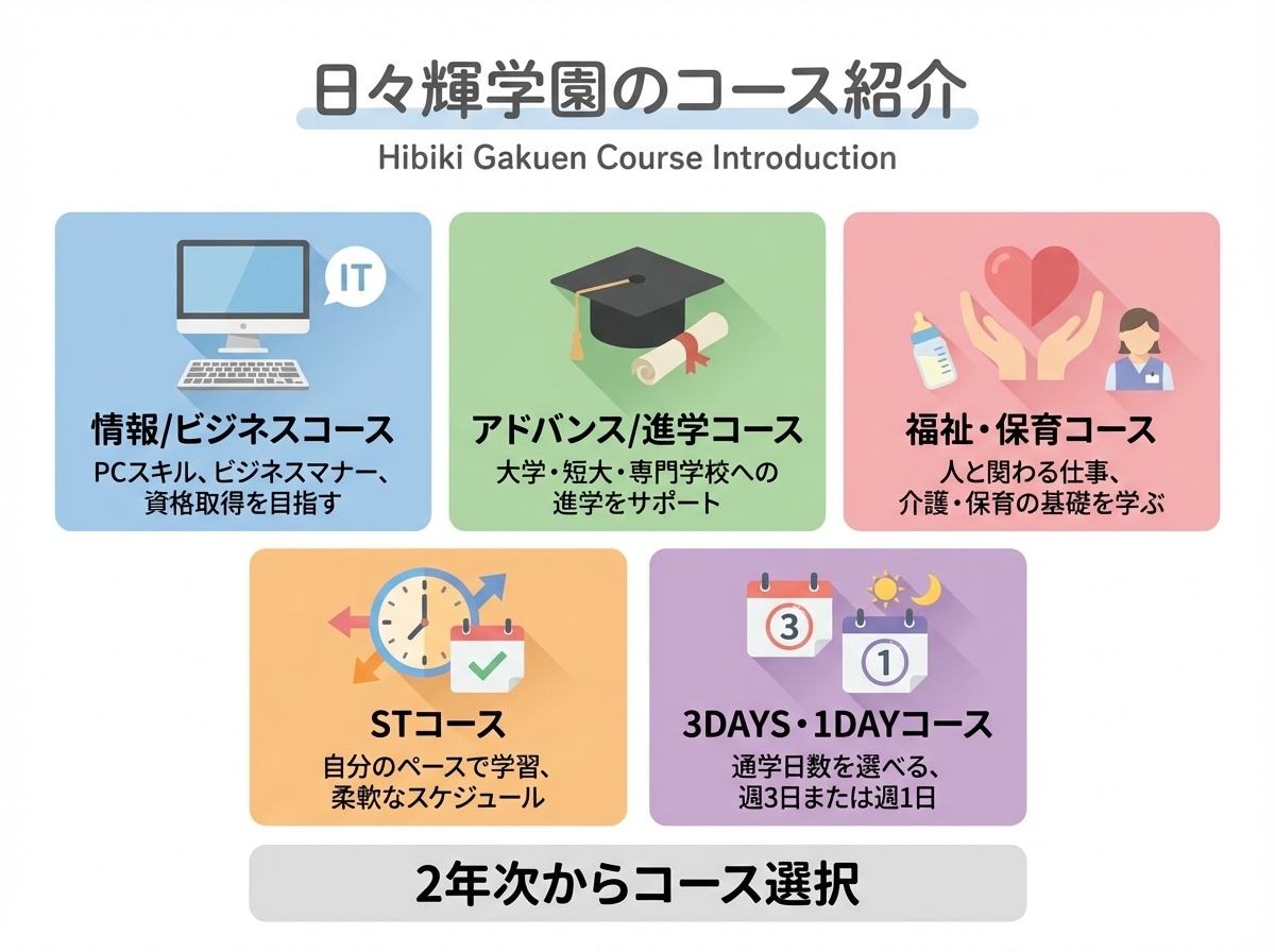 日々輝学園高等学校の5つのコース:情報ビジネス、アドバンス進学、福祉保育、ST、3DAYS・1DAYコース