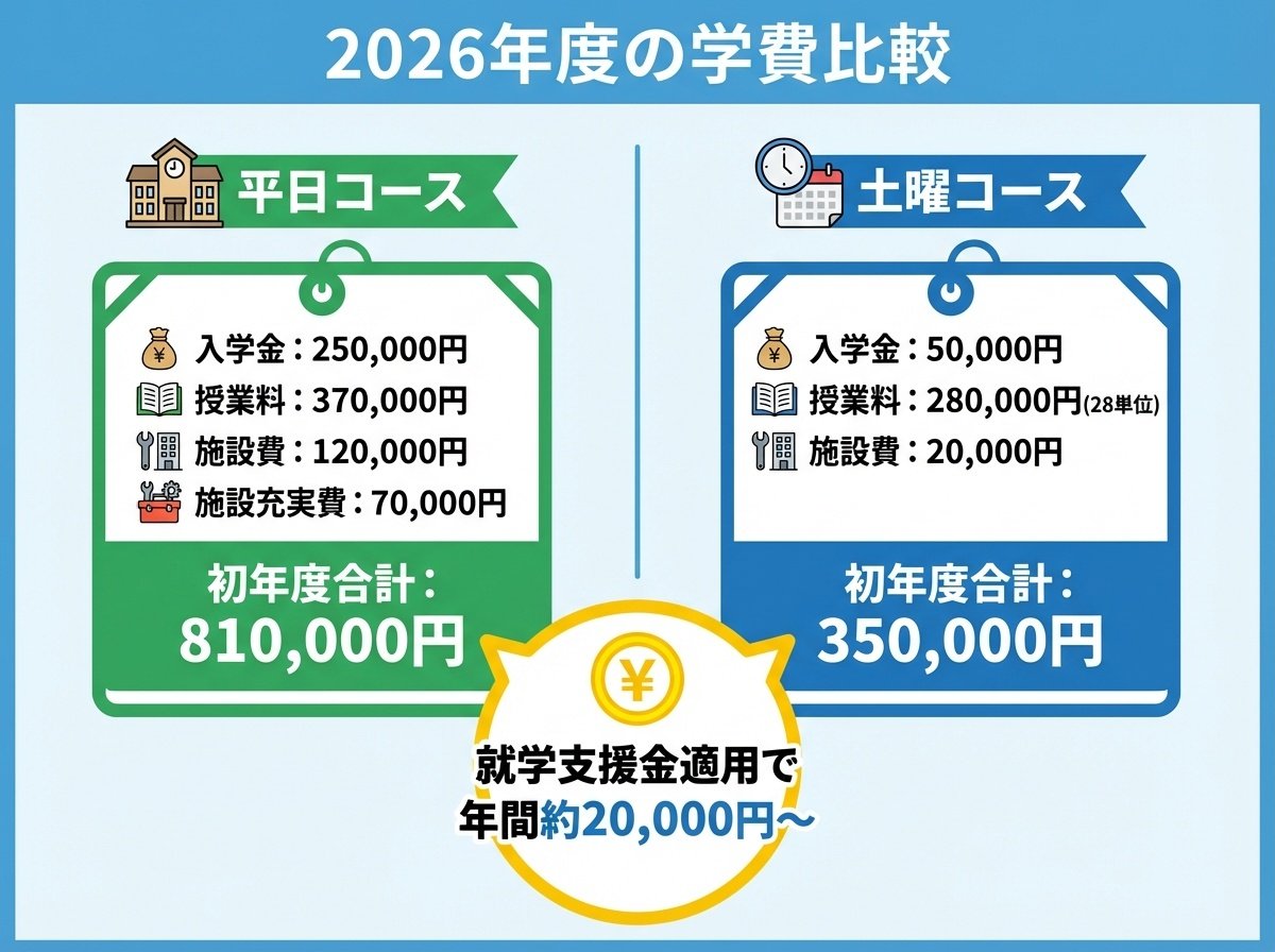 2026年度の学費比較 - 平日コース初年度合計810,000円(入学金250,000円、授業料370,000円、施設費120,000円、施設充実費70,000円)、土曜コース初年度合計350,000円(入学金50,000円、授業料280,000円、施設費20,000円)、就学支援金適用で年間約20,000円〜
