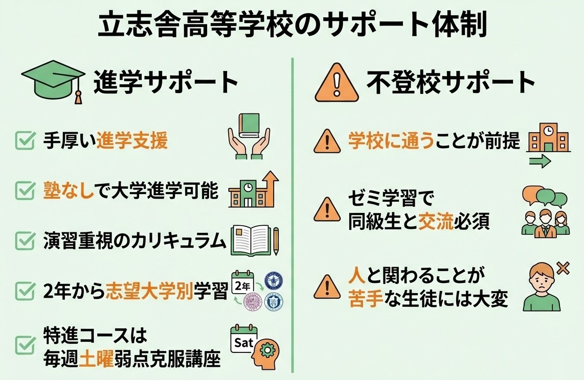 立志舎高等学校のサポート体制 - 進学サポート(手厚い進学支援、塾なしで大学進学可能、演習重視のカリキュラム、2年から志望大学別学習、特進コースは毎週土曜弱点克服講座)と不登校サポート(学校に通うことが前提、ゼミ学習で同級生と交流必須、人と関わることが苦手な生徒には大変)、再チャレンジしたい生徒にぴったり
