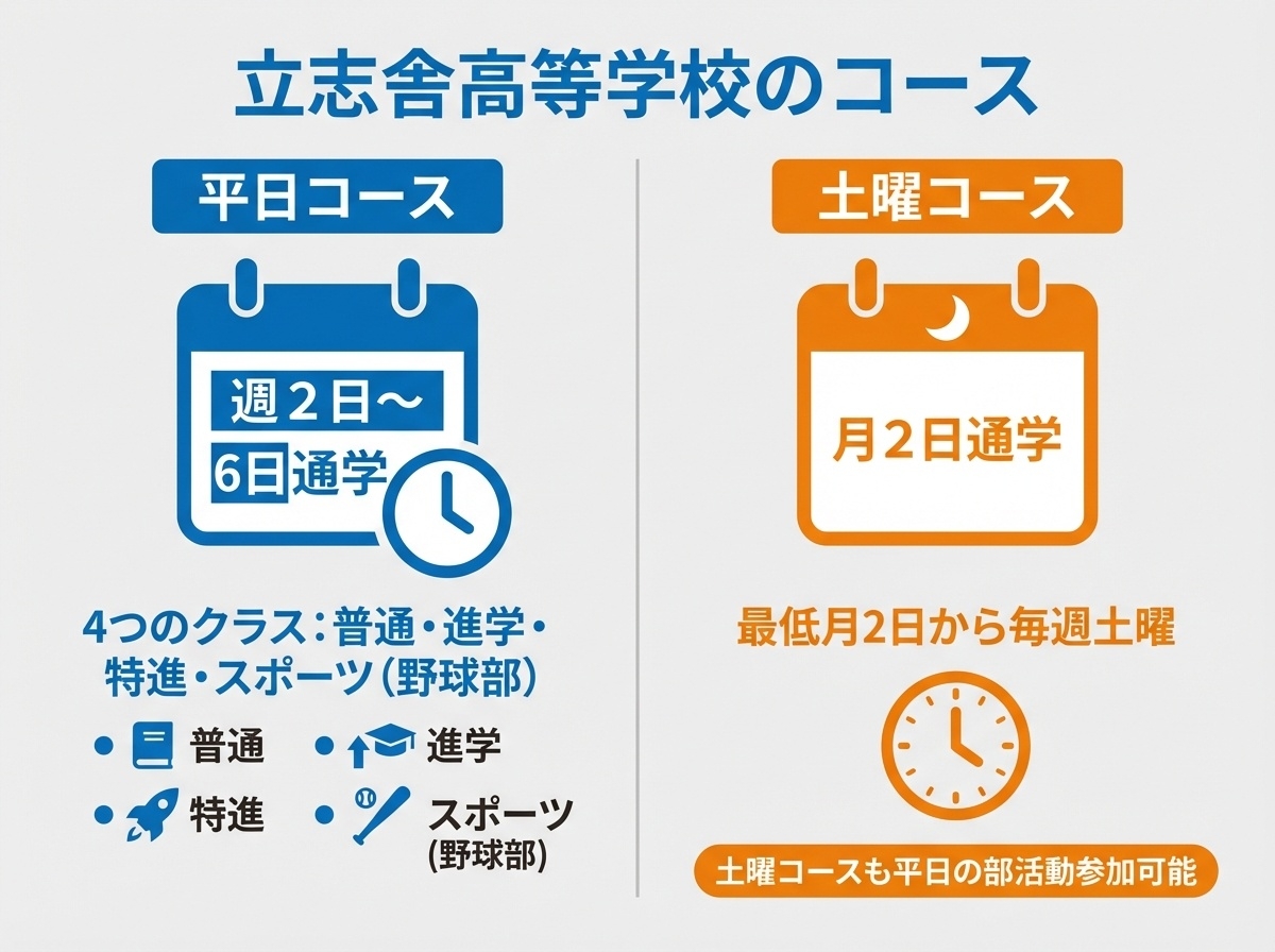 立志舎高等学校のコース - 平日コース(週2日〜6日通学、4つのクラス:普通・進学・特進・スポーツ)と土曜コース(月2日通学)の比較、土曜コースも平日の部活動参加可能