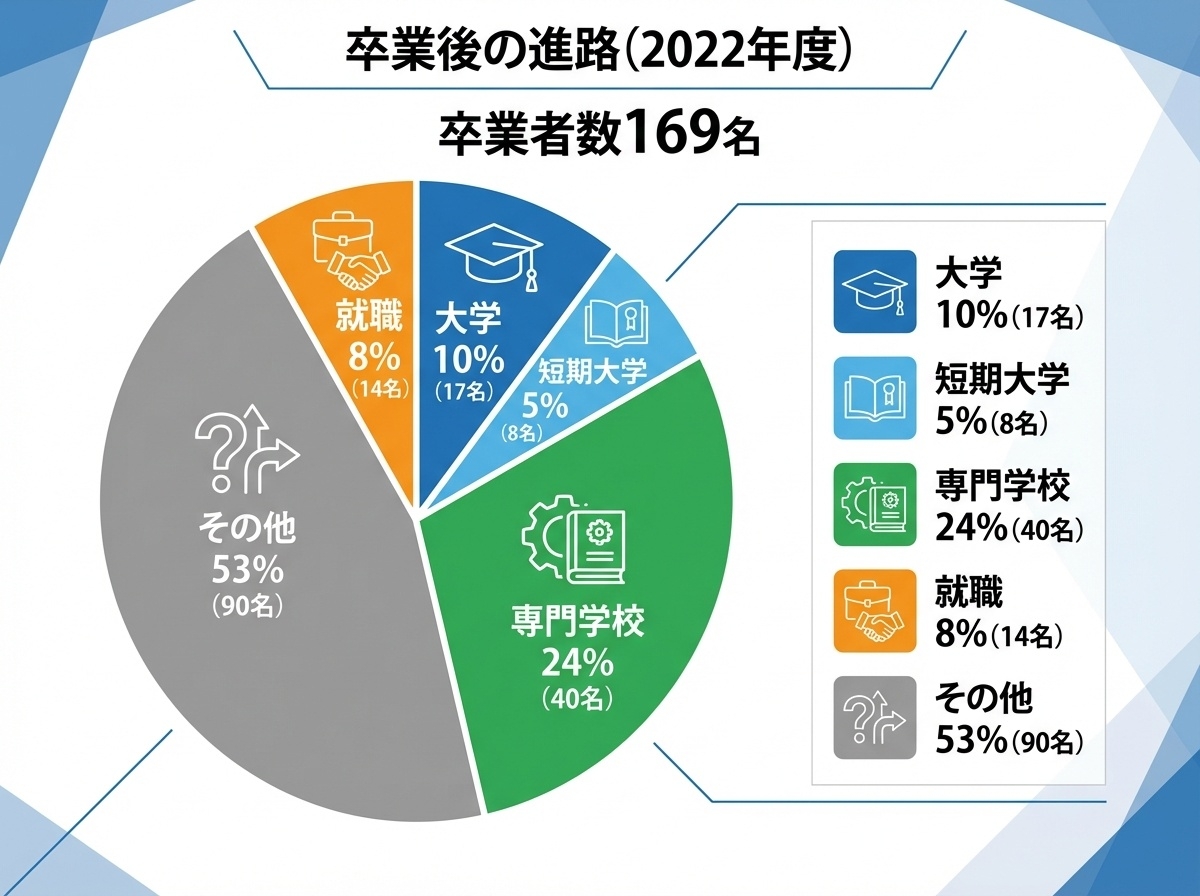 爽風館高校2022年度卒業生の進路 - 大学、短大、専門学校、就職、その他の割合を示す円グラフ