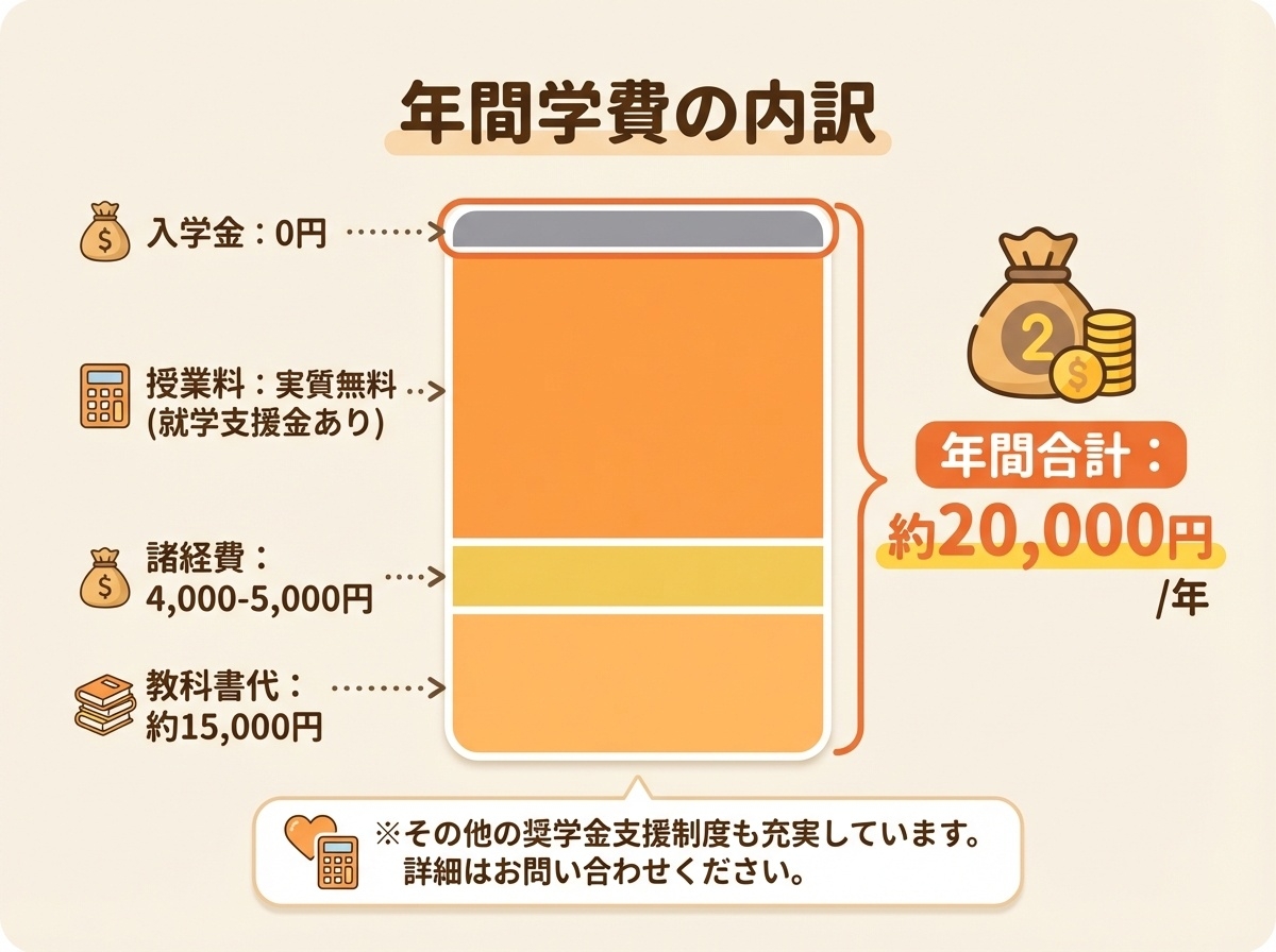 爽風館高校通信制の年間学費内訳 - 入学金、授業料、校納金、教科書代の詳細と合計約2万円を示すインフォグラフィック