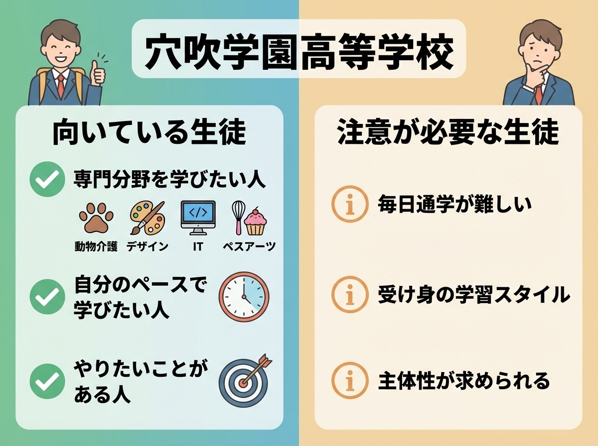 穴吹学園高等学校に向いている生徒と注意が必要な生徒の比較:専門分野を学びたい人・自分のペースで学びたい人は向いている