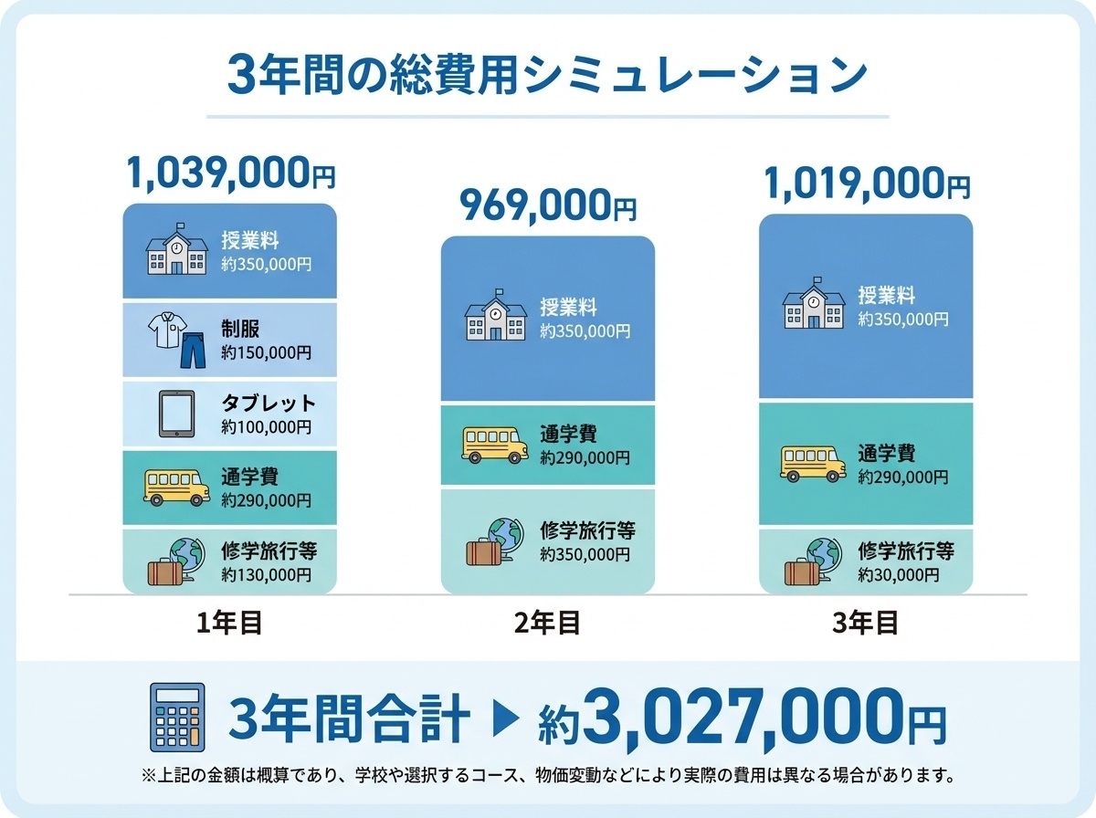 大智学園高等学校の3年間総費用シミュレーション（約3,027,000円）
