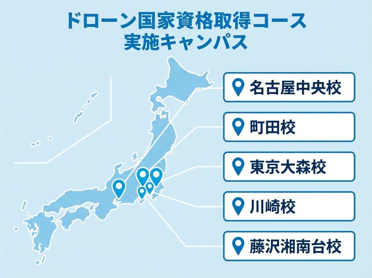 ドローン国家資格取得コース実施キャンパス5校（名古屋中央・町田・東京大森・川崎・藤沢湘南台）