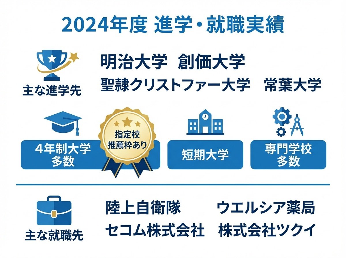 キラリ高等学校2024年度の進学・就職実績インフォグラフィック。明治大学など主な進学先大学、指定校推薦枠、就職先企業を図解