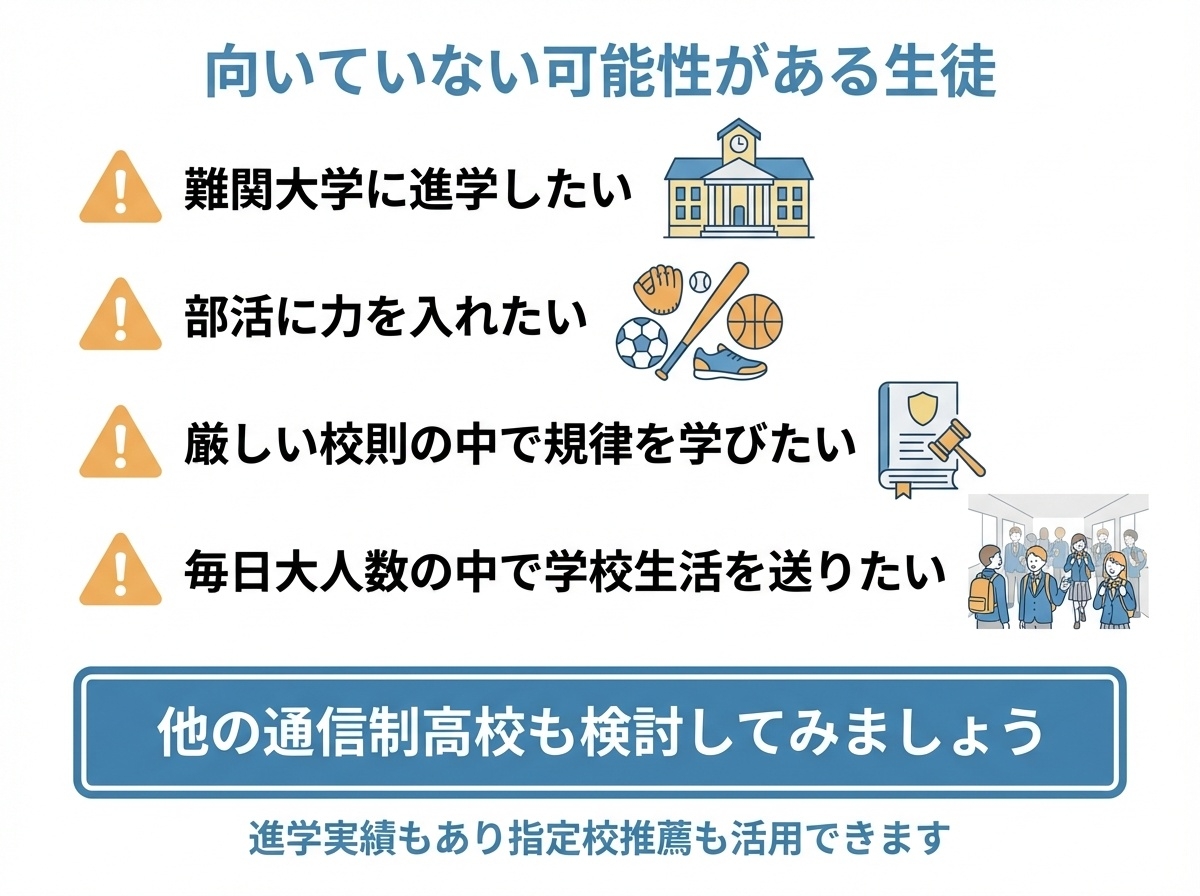 キラリ高等学校に向いていない可能性がある生徒の特徴を示すインフォグラフィック。難関大学進学希望、部活重視、厳しい校則希望、大人数の学校生活希望者を図解