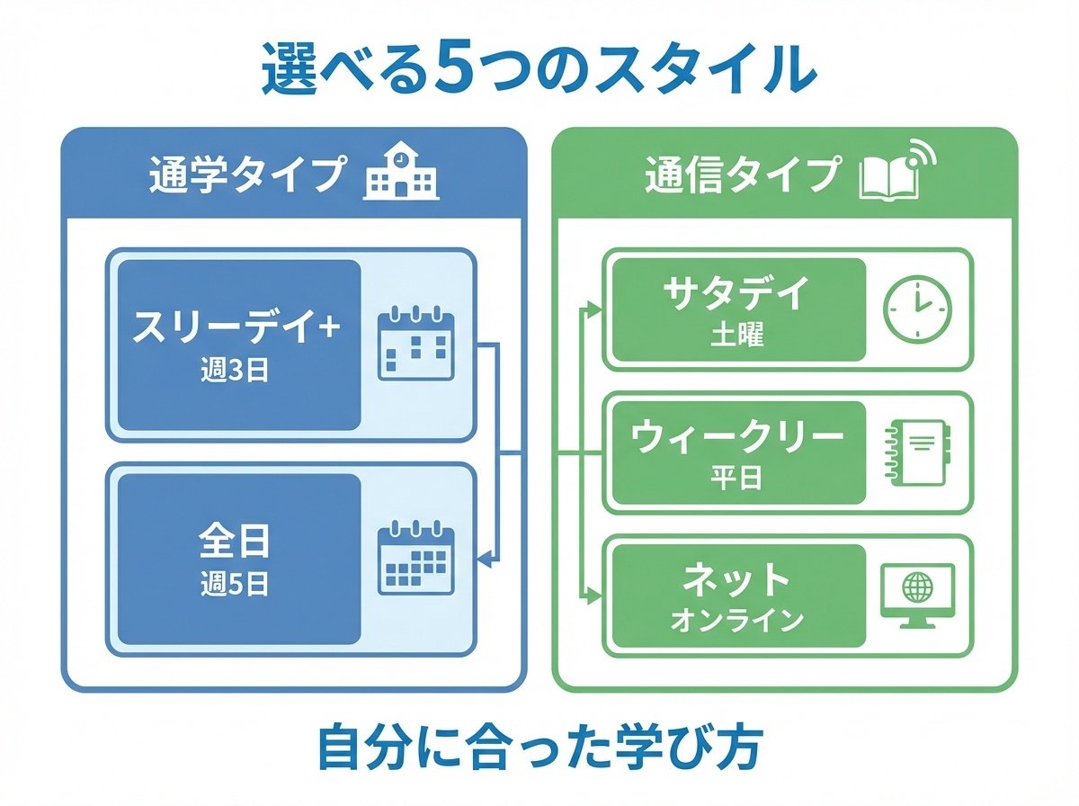 キラリ高等学校の5つの学習スタイルを示すインフォグラフィック。通学タイプ2種類（スリーデイ+、全日）と通信タイプ3種類（サタデイ、ウィークリー、ネット）を図解