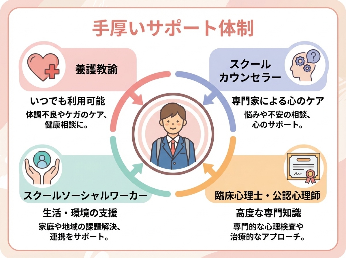 穴吹学園高等学校の手厚いサポート体制:養護教諭、スクールカウンセラー、スクールソーシャルワーカー、臨床心理士・公認心理師