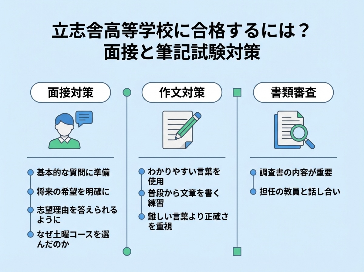 立志舎高等学校に合格するには？面接と筆記試験対策 - 面接対策(基本的な質問に準備、将来の希望を明確に、志望理由を答えられるように、なぜ土曜コースを選んだのか)、作文対策(わかりやすい言葉を使用、普段から文章を書く練習、難しい言葉より正確さを重視)、書類審査(調査書の内容が重要、担任の教員と話し合い)