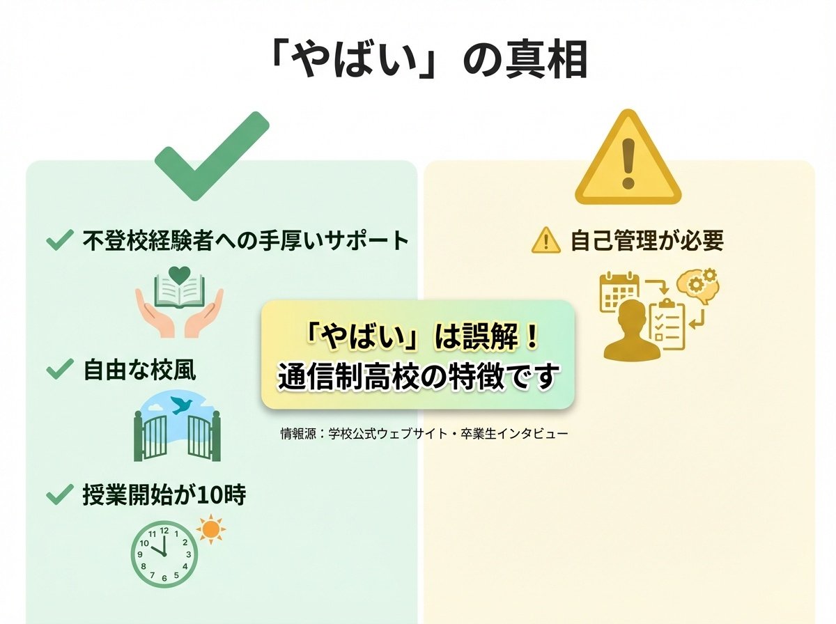 キラリ高等学校「やばい」という検索の真相を解説するインフォグラフィック。不登校経験者への手厚いサポート、自由な校風、授業開始が10時などのメリットと自己管理の必要性を図解