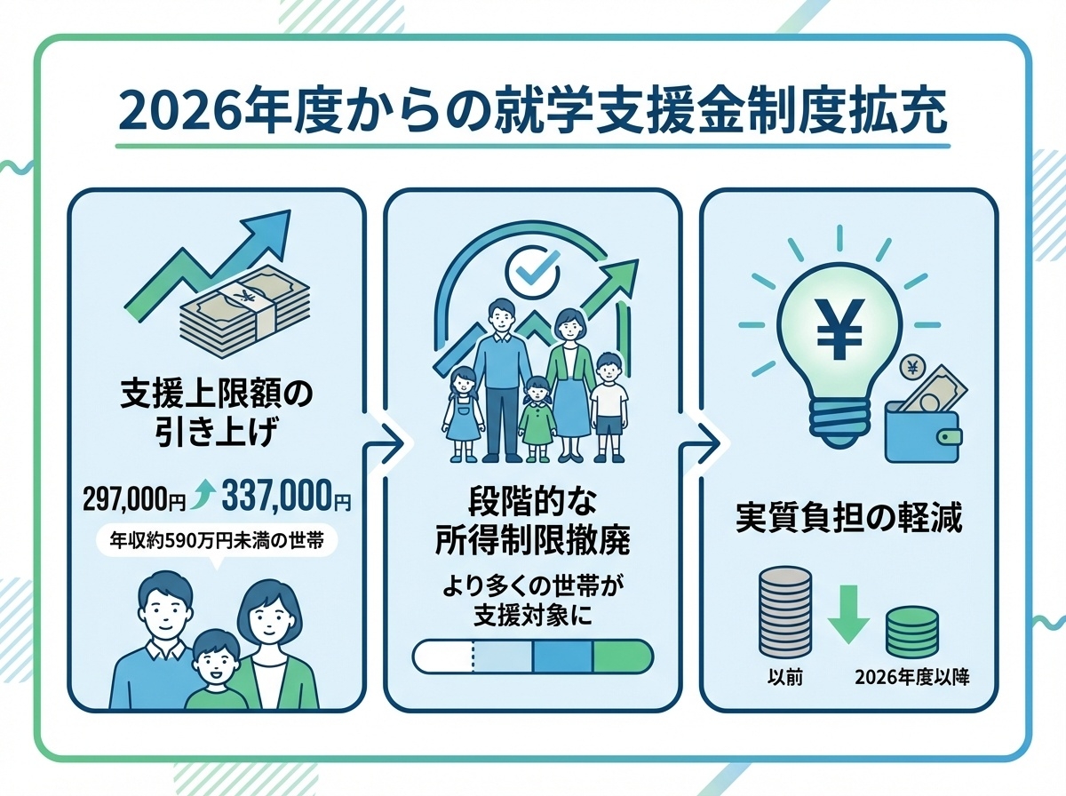 2026年度からの就学支援金制度拡充内容（支援上限額引き上げ・所得制限撤廃・実質負担軽減）
