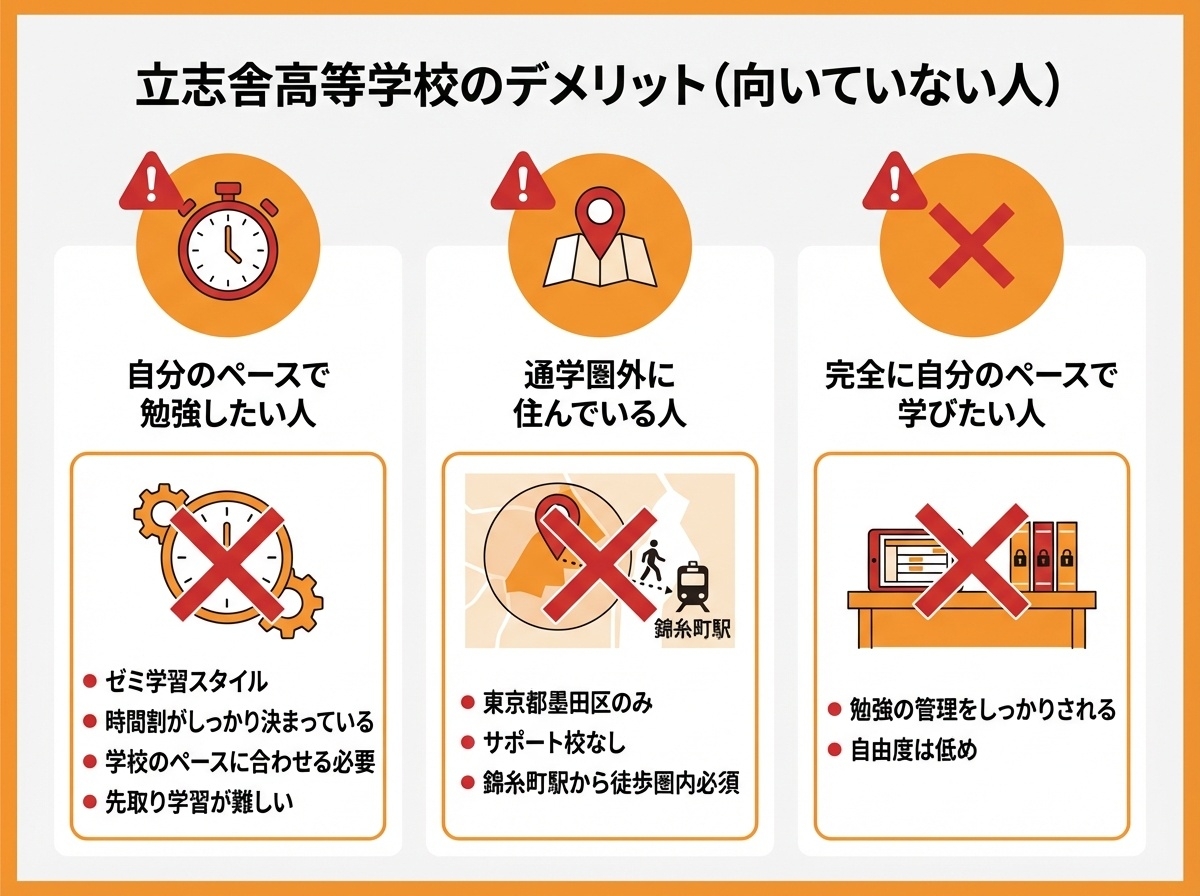 立志舎高等学校のデメリット(向いていない人) - 自分のペースで勉強したい人(ゼミ学習スタイル、時間割がしっかり決まっている、学校のペースに合わせる必要、先取り学習が難しい)、通学圏外に住んでいる人(東京都墨田区のみ、サポート校なし、錦糸町駅から徒歩圏内必須)、完全に自分のペースで学びたい人(勉強の管理をしっかりされる、自由度は低め)