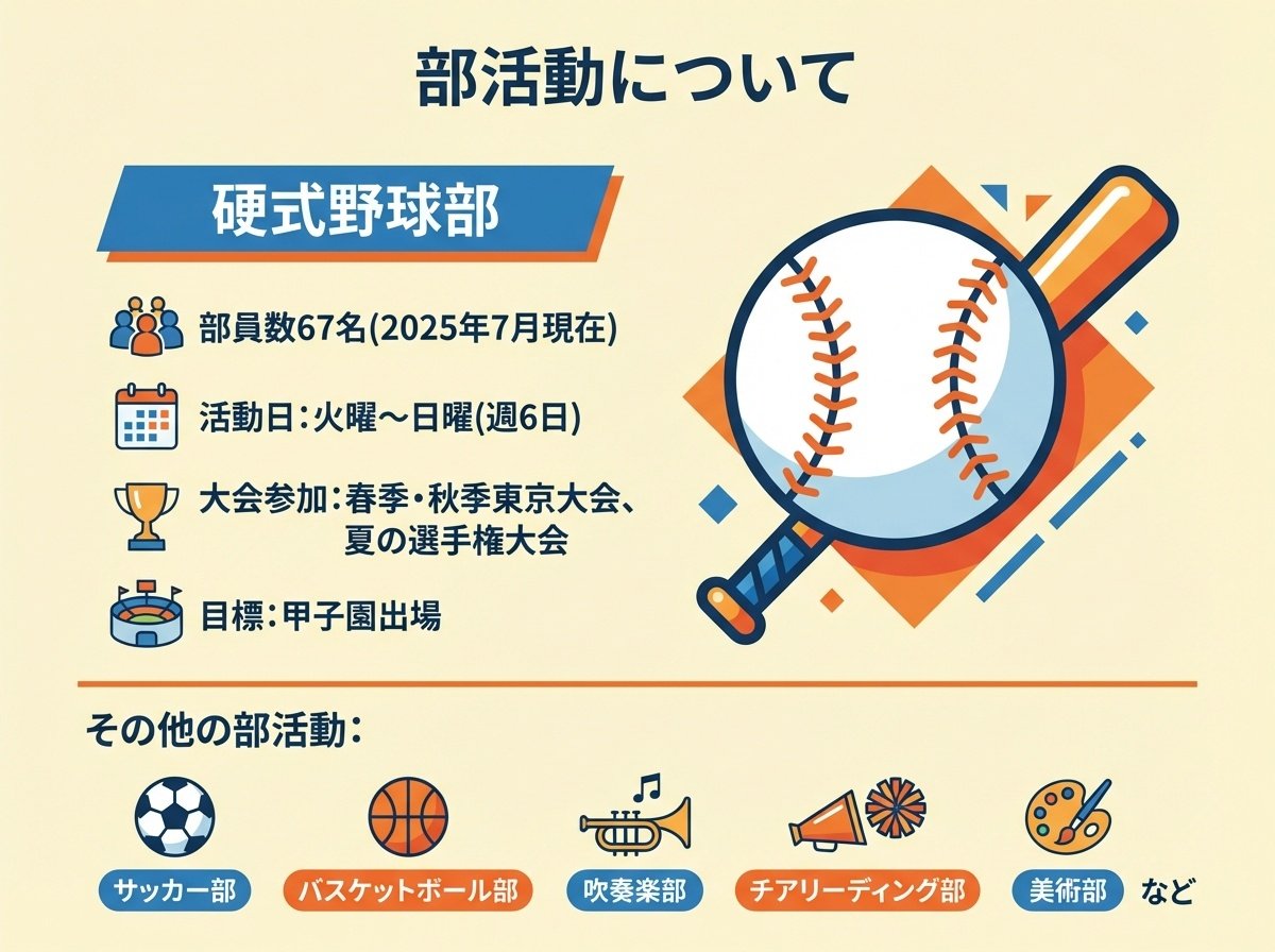 立志舎高等学校の部活動 - 硬式野球部67名(2025年7月現在)、活動日は火曜〜日曜(週6日)、春季・秋季東京大会・夏の選手権大会参加、甲子園出場を目標、その他サッカー部・バスケットボール部・吹奏楽部・チアリーディング部・美術部など