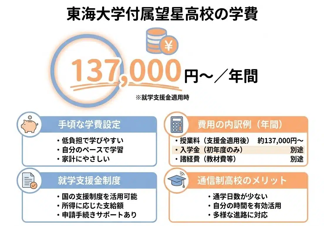 東海大学付属望星高等学校の3年間学費詳細 初年度401,000円が就学支援金適用後137,000円 3年間合計305,000円