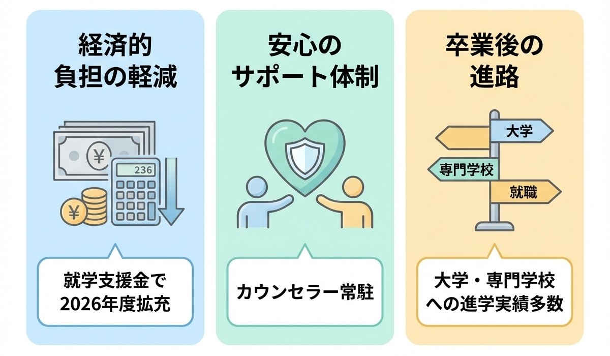 保護者の方へ明聖高等学校を選ぶメリット:経済的負担の軽減、安心のサポート体制、卒業後の進路実績多数