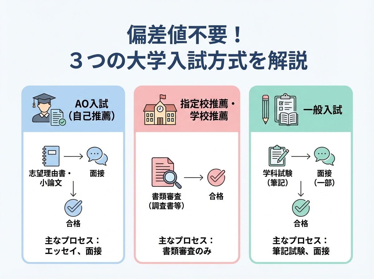 ヴィーナスアカデミー高等部の3つの入試方法を示すインフォグラフィック。AO入試（作文・面接）、学校推薦入試（書類審査のみ）、一般入試（筆記試験・面接）、偏差値不要であることを図解