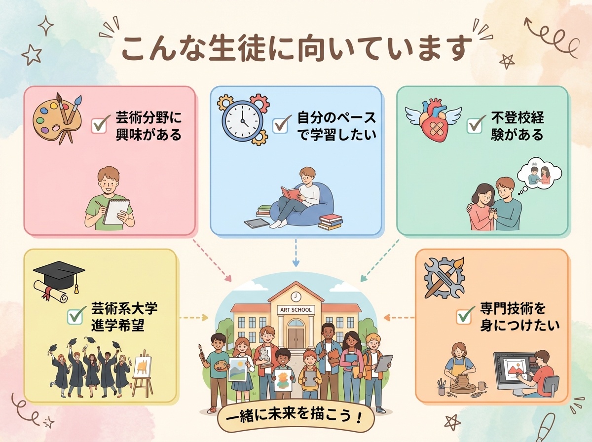 関西文化芸術高等学校に向いている生徒。芸術分野に興味がある、自分のペースで学習したい、不登校経験がある、芸術系大学進学希望、専門技術を身につけたいという特徴を示すインフォグラフィック