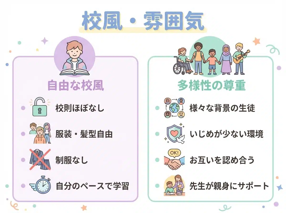 東海大学付属望星高等学校の自由な校風と雰囲気 校則ほぼなし服装髪型自由制服なし 多様な背景の生徒が互いを尊重しいじめが少ない環境