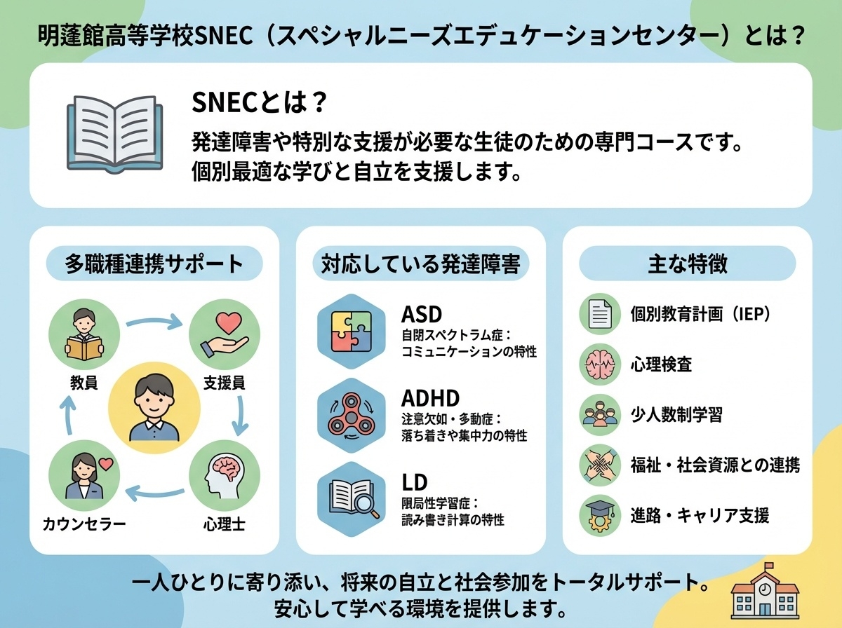 明蓬館高等学校SNECスペシャルニーズエデュケーションセンターとは・発達障害のある生徒のための専門コース・多職種連携サポート・ASD/ADHD/LD対応・個別教育支援計画・年間追加費用20万円の総合説明図