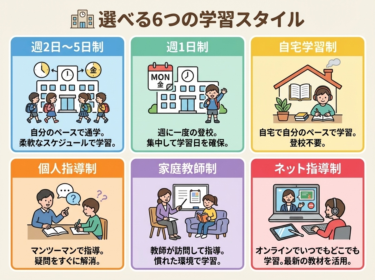 鹿島朝日高等学校の選べる6つの学習スタイル 週2〜5日制 週1日制 自宅学習制 個人指導制 家庭教師制 ネット指導制